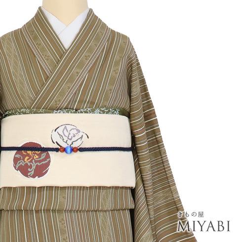 小紋 リサイクル 身丈169.5cm 裄64.4cm 袷 デザイン縞模様 ブラウン LLサイズ お洒落 正絹 広衿 Sランク