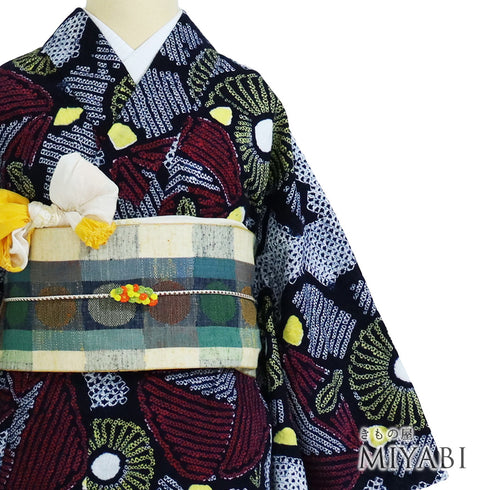 浴衣 リサイクル 夏着物 身丈155.8cm 裄66cm 夏物 絞り ジュニアサイズ ネイビー Mサイズ カジュアル 木綿 洗える着物 バチ衿 Sランク