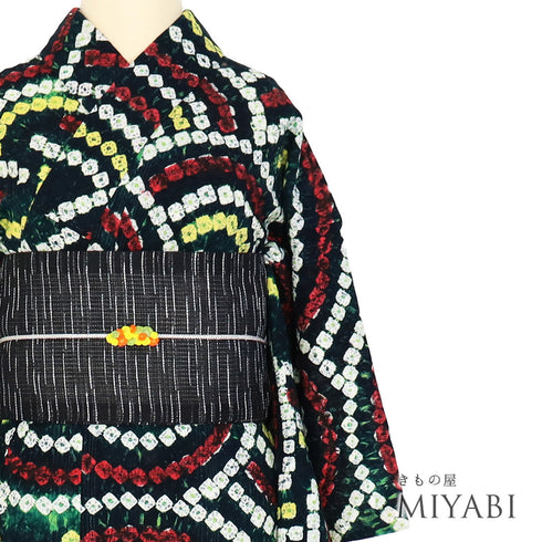 浴衣 リサイクル 夏着物 身丈153cm 裄62.8cm 夏物 絞り 青海波柄 グリーン Sサイズ カジュアル 木綿 洗える着物 バチ衿 Sランク