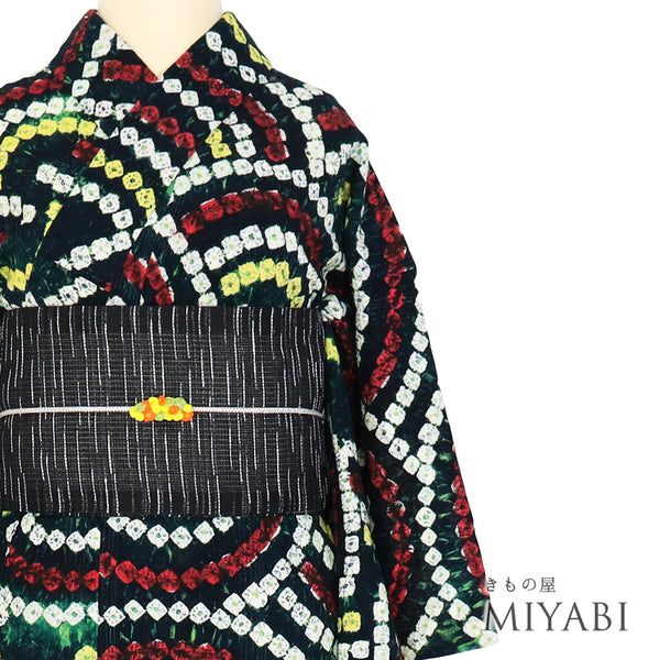 浴衣 リサイクル 夏着物 身丈153cm 裄62.8cm 夏物 絞り 青海波柄 グリーン Sサイズ カジュアル 木綿 洗える着物 バチ衿 Sランク