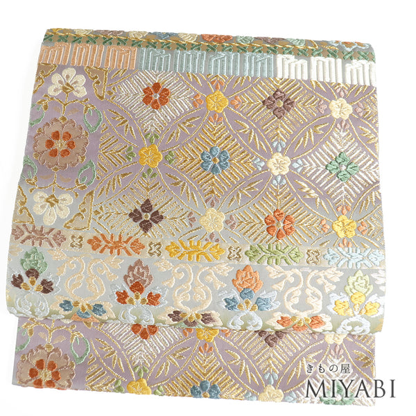 袋帯 リサイクル 帯丈438cm 六通 七宝つなぎに華紋や唐草柄 刺繍 多色 Mサイズ 正絹 未使用品 フォーマル