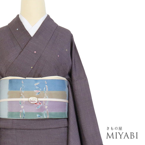 小紋 リサイクル 身丈163.5cm 裄70.6cm 袷 水玉柄 地紋 パープル Lサイズ お洒落 カジュアル 正絹 広衿 Aランク