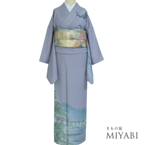 訪問着 リサイクル 身丈167.5cm 裄66.4cm 袷 京都嵐山渡月橋柄 箔 パープル LLサイズ お洒落 正絹 広衿 Sランク