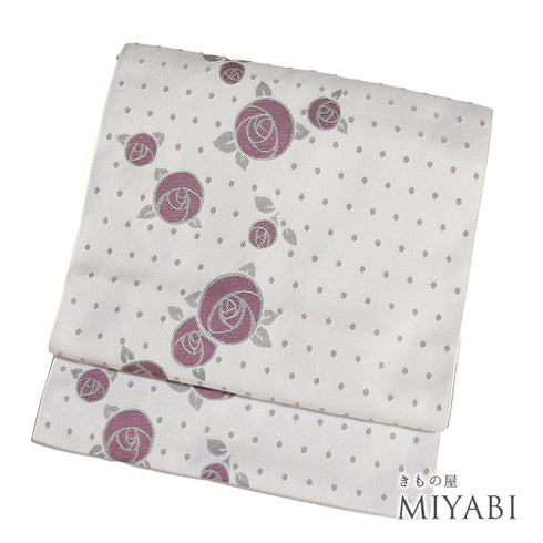 名古屋帯 リサイクル 帯丈371.5cm 全通 バラ柄 グレー Mサイズ ポリエステル 未使用品 お洒落 カジュアル