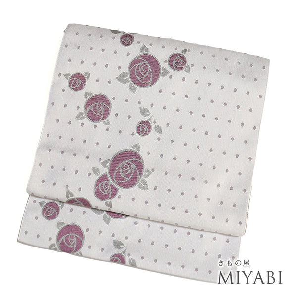 名古屋帯 リサイクル 帯丈371.5cm 全通 バラ柄 グレー Mサイズ ポリエステル 未使用品 お洒落 カジュアル
