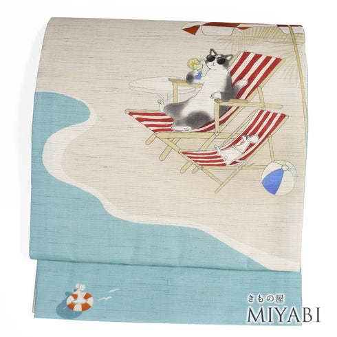 京袋帯 リサイクル 帯丈386cm ポイント柄 ビーチに猫と鼠柄 WAKKA 夏物 ベージュ Lサイズ 麻 新品・未使用品 お洒落 カジュアル