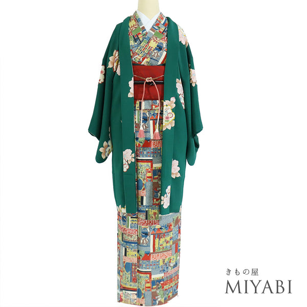 羽織 リサイクル 身丈92cm 裄62.4cm 袷 デザイン花模様 グリーン SSサイズ お洒落 カジュアル 正絹 Sランク