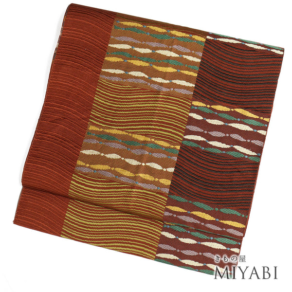 名古屋帯 リサイクル 帯丈364cm 六通 幾何学模様 レッド Mサイズ 正絹 Sランク お洒落 カジュアル