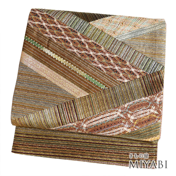 袋帯 リサイクル 帯丈434cm 六通 ポイント柄 切嵌柄 パッチワーク ブラウン Sサイズ 正絹 Sランク お洒落