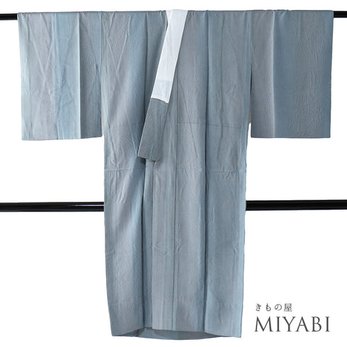 長襦袢 リサイクル 長襦袢 身丈121cm 裄63.2cm 袷 杢目柄 後身頃居敷当て付き ゆったりサイズ ブルー Sサイズ お洒落 証紙 正絹 袖無双 Sランク