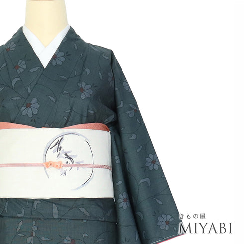 大島紬 リサイクル 身丈155.7cm 裄64.6cm 袷 花唐草模様 ネイビー Mサイズ カジュアル お洒落 証紙 正絹 広衿 Sランク