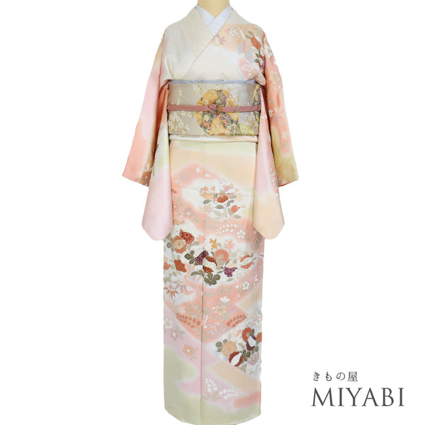 訪問着 リサイクル 身丈153.5cm 裄65.4cm 袷 菊やたちばな柄 地紋 刺繍 箔 パールトーン加工 多色 Sサイズ セミフォーマル お洒落 正絹 広衿 Sランク