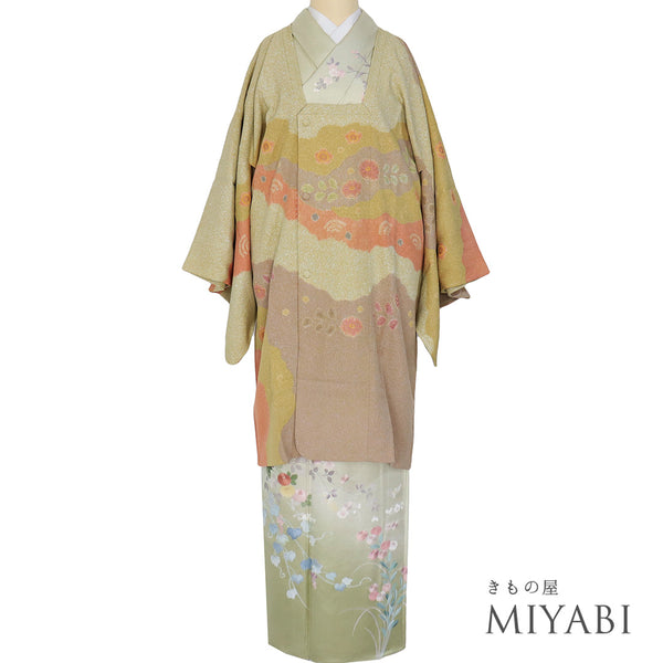 道行コート リサイクル 身丈98.5cm 裄67.6cm 袷 絵羽ロングコート 辻が花風柄 箔 松井青々 多色 Lサイズ お洒落 落款 正絹 Sランク