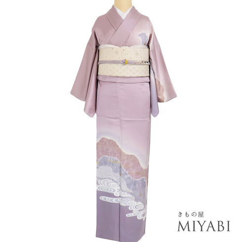 付下げ リサイクル 身丈155.5cm 裄62.6cm 袷 絞り染め分け 観世水 箔加工 パープル Mサイズ お洒落 正絹 広衿 Sランク