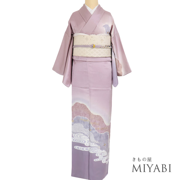 付下げ リサイクル 身丈155.5cm 裄62.6cm 袷 絞り染め分け 観世水 箔加工 パープル Mサイズ お洒落 正絹 広衿 Sランク