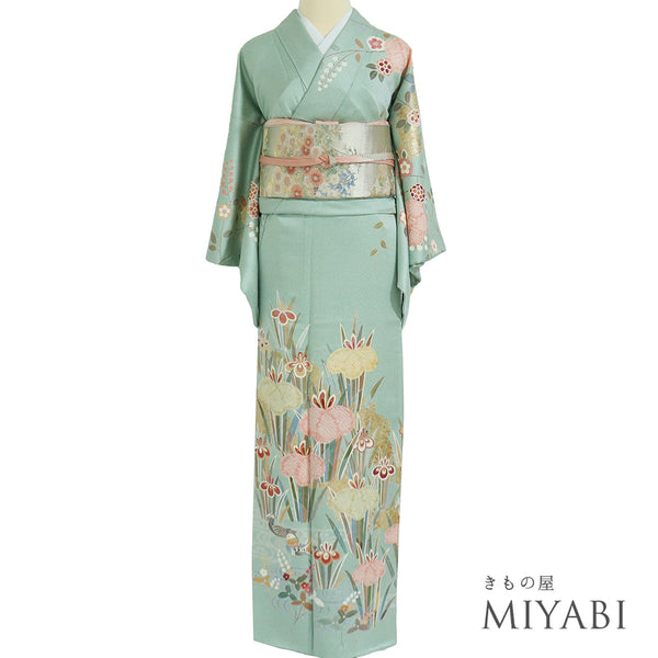 訪問着 リサイクル 身丈159.5cm 裄62.8cm 袷 金駒刺繍 部分絞り 箔 花柄 パールトーン加工 グリーン Mサイズ セミフォーマル 正絹 広衿 Bランク