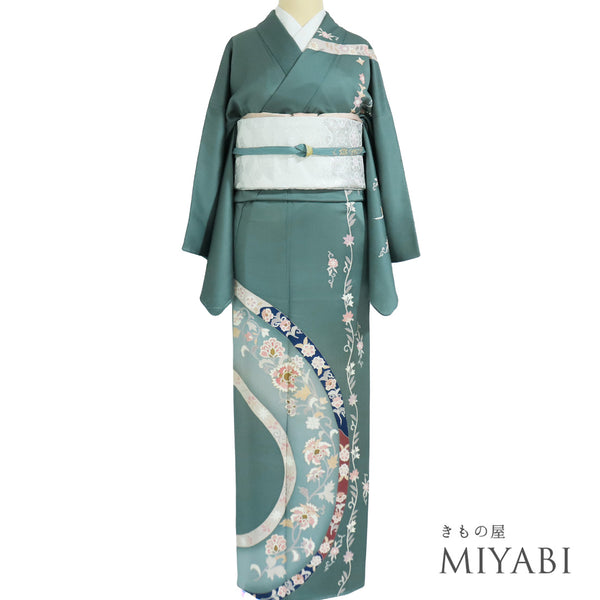 訪問着 リサイクル 身丈155cm 裄65.2cm 袷 花唐草柄 金駒刺繍 箔 グリーン Sサイズ セミフォーマル お洒落 正絹 広衿 Bランク