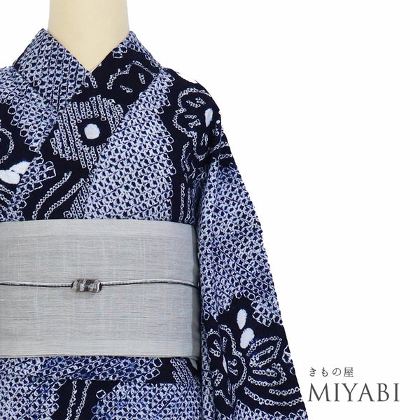 浴衣 リサイクル 夏着物 身丈150.5cm 裄66.4cm 夏物 絞り 花柄 ネイビー Sサイズ カジュアル お洒落 木綿 洗える着物 バチ衿 Sランク