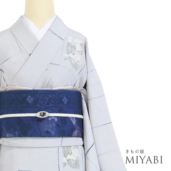 小紋 リサイクル 身丈155.3cm 裄64.8cm 袷 葉柄 グレー Sサイズ お洒落 カジュアル 正絹 広衿 Aランク