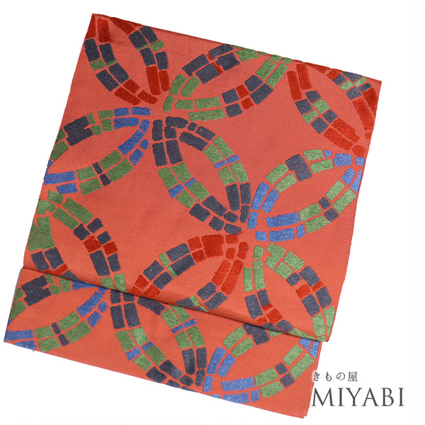 本袋帯 リサイクル 帯丈428cm 六通 デザイン七宝柄 レッド Sサイズ 正絹 Sランク お洒落