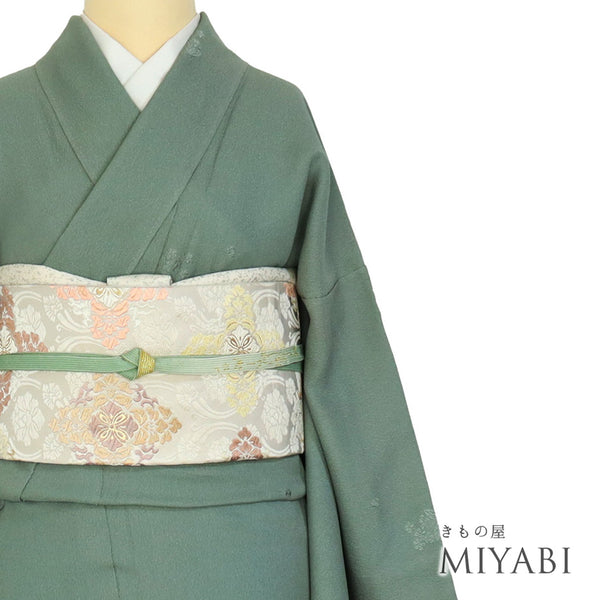 色無地 リサイクル 身丈163.5cm 裄66cm 袷 小花柄 パールトーン加工 グリーン Lサイズ セミフォーマル 一つ紋 正絹 広衿 地紋あり Aランク