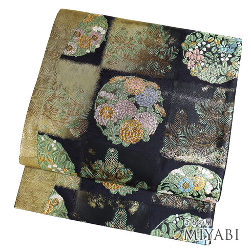 袋帯 リサイクル 帯丈434cm 六通 花の丸 貴豊美人 ブラック Sサイズ 正絹 新品・未使用品 フォーマル セミフォーマル