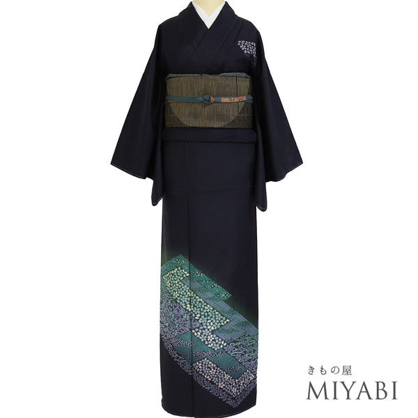 訪問着 リサイクル 身丈167cm 裄66.8cm 袷 大島紬 桜柄 絞り加工 染め加工 ゆったりサイズ パープル LLサイズ お洒落 証紙 しつけ糸 正絹 広衿 Sランク