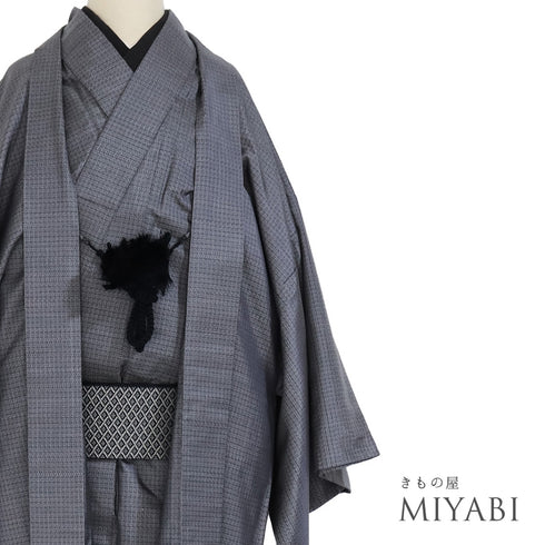 アンサンブル 男物 リサイクル 身丈146.5cm 裄70.6cm 羽織丈97cm 袷 大島 グレー Mサイズ お洒落 カジュアル 証紙 正絹 棒衿 Sランク