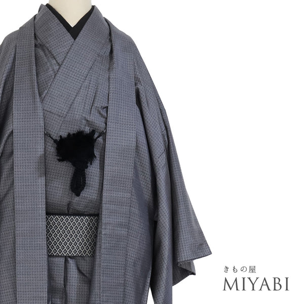 アンサンブル 男物 リサイクル 身丈146.5cm 裄70.6cm 羽織丈97cm 袷 大島 グレー Mサイズ お洒落 カジュアル 証紙 正絹 棒衿 Sランク