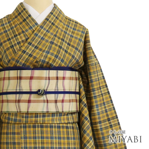 紬 リサイクル 身丈158cm 裄65cm 袷 格子柄 イエロー Mサイズ お洒落 カジュアル 正絹 広衿 Sランク