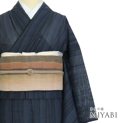 紬 リサイクル 夏着物 身丈167.7cm 裄66.4cm 夏物 大島 縞柄 ネイビー LLサイズ お洒落 正絹 広衿 Sランク