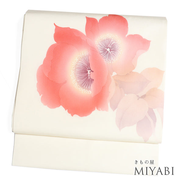 名古屋帯 リサイクル 帯丈354cm ポイント柄 花柄 ベージュ Sサイズ 正絹 未使用品 お洒落 落款