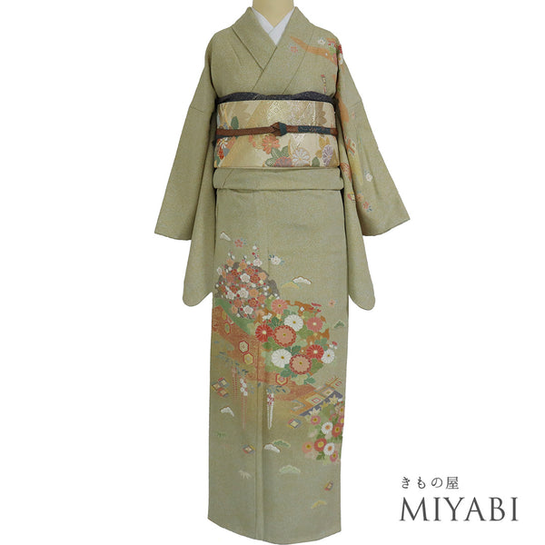 訪問着 リサイクル 身丈157cm 裄65.2cm 袷 松井清々 箔 松竹梅柄 グリーン Mサイズ セミフォーマル 落款 正絹 広衿 Sランク