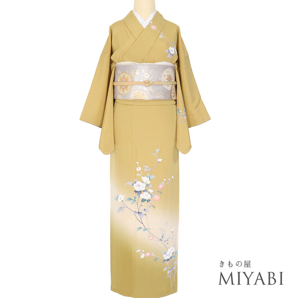 付下げ リサイクル 身丈154.5cm 裄62.8cm 袷 花枝柄 イエロー Sサイズ フォーマル セミフォーマル しつけ糸 正絹 広衿 Sランク