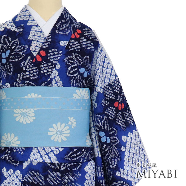 浴衣 リサイクル 夏着物 身丈150.5cm 裄63.5cm 夏物 絞り 花柄 ジュニアサイズ ネイビー Sサイズ カジュアル 木綿 洗える着物 バチ衿 Aランク