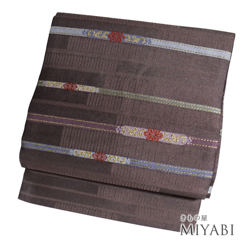 名古屋帯 リサイクル 帯丈373cm 六通 横段柄 ブラウン Mサイズ 不明 Sランク お洒落 カジュアル