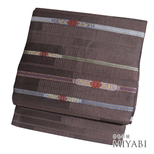 名古屋帯 リサイクル 帯丈373cm 六通 横段柄 ブラウン Mサイズ 不明 Sランク お洒落 カジュアル