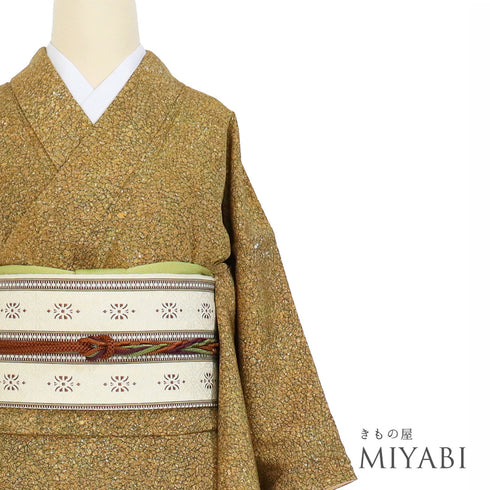 小紋 リサイクル 身丈161.7cm 裄62.4cm 袷 氷割れ柄 たたき イエロー Lサイズ お洒落 カジュアル 正絹 広衿 Aランク