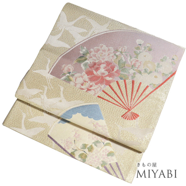 袋帯 リサイクル 帯丈442cm 六通 鶴柄 扇子柄 花柄 ゴールド Mサイズ 正絹 Sランク フォーマル