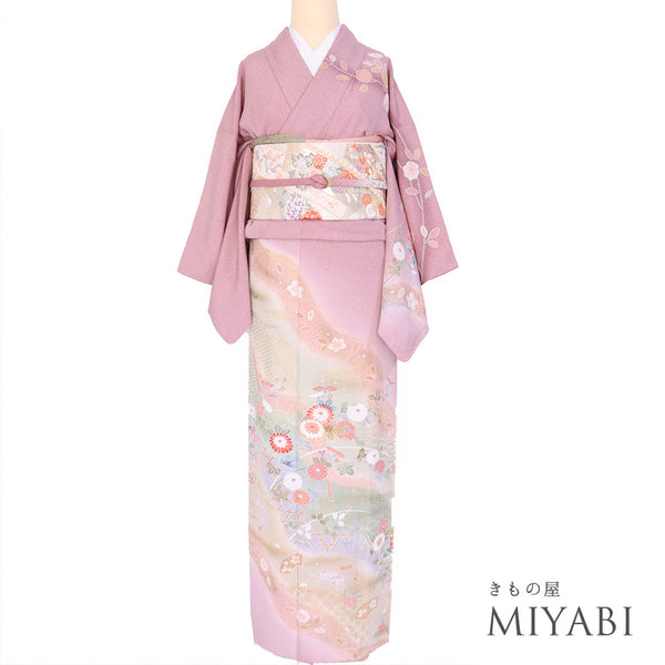 付下げ リサイクル 身丈159cm 裄63cm 袷 道長取りに菊やしだれ花模様 絞り柄 パープル Mサイズ セミフォーマル 一つ紋 正絹 広衿 Aランク