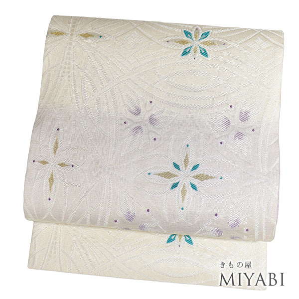 袋帯 リサイクル 帯丈448cm 六通 横段ぼかしにデザイン花文柄 夏物 アイボリー Mサイズ 混合 新品・未使用品 フォーマル