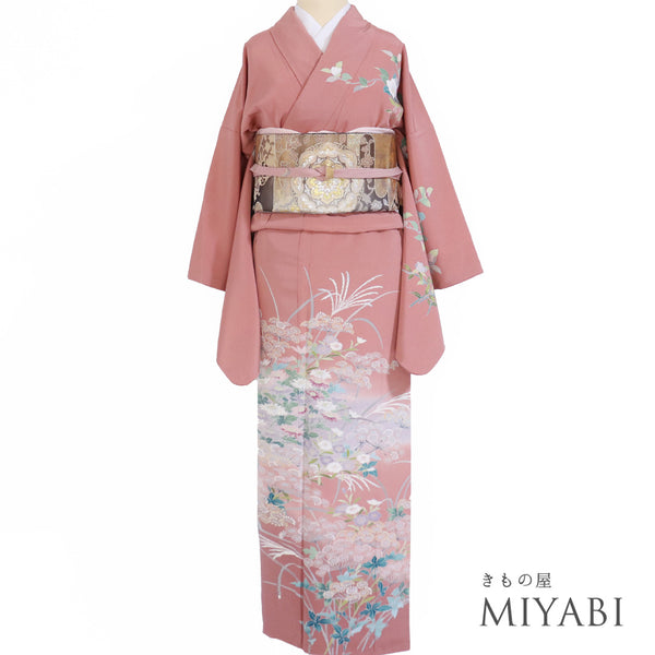 訪問着 リサイクル 身丈158cm 裄64.8cm 袷 四季花柄 ピンク Mサイズ フォーマル 落款 正絹 広衿 Aランク