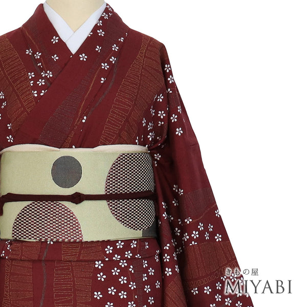 小紋 リサイクル 身丈164cm 裄68cm 袷 既製品 デザイン縦枠柄 小花散らし柄 ヒロミチナカノ レッド Lサイズ お洒落 しつけ糸 正絹 広衿 Sランク