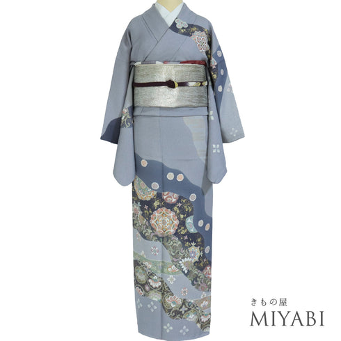 訪問着 リサイクル 身丈160.5cm 裄64.8cm 袷 華紋や花唐草柄 金駒刺繍 グレー Lサイズ フォーマル 一つ紋 正絹 広衿 Sランク