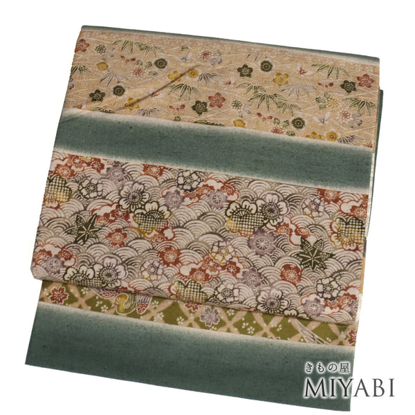 袋帯 リサイクル 帯丈444cm ポイント柄 横段 鳥柄 桜柄 笹柄 紬 リバーシブル グリーン Mサイズ 正絹 Sランク お洒落
