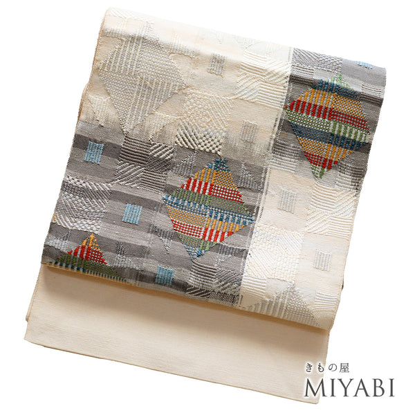 名古屋帯 リサイクル 帯丈365.5cm ポイント柄 デザイン格子模様 アイボリー Mサイズ 正絹 Aランク お洒落