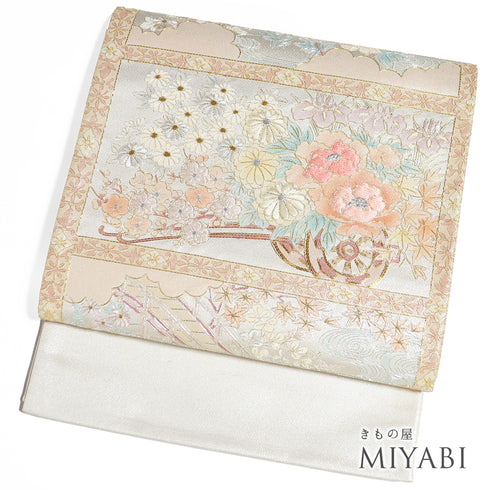 袋帯 リサイクル 帯丈436cm ポイント柄 花車柄 ベージュ Mサイズ 正絹 Sランク フォーマル セミフォーマル