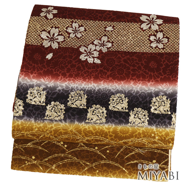 袋帯 リサイクル 帯丈450cm 六通 桜や兎柄 切りビロード 地紋 多色 Lサイズ 正絹 Sランク お洒落