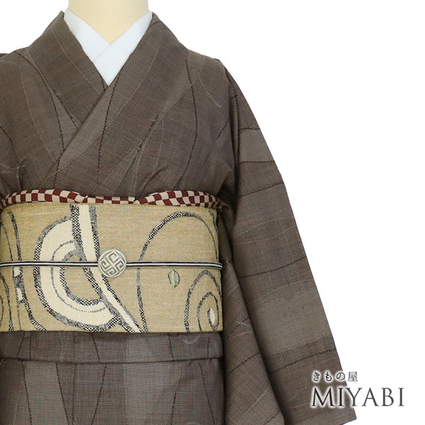 紬 リサイクル 身丈156cm 裄64.4cm 袷 曲線柄 ブラウン Mサイズ お洒落 カジュアル 正絹 広衿 Aランク