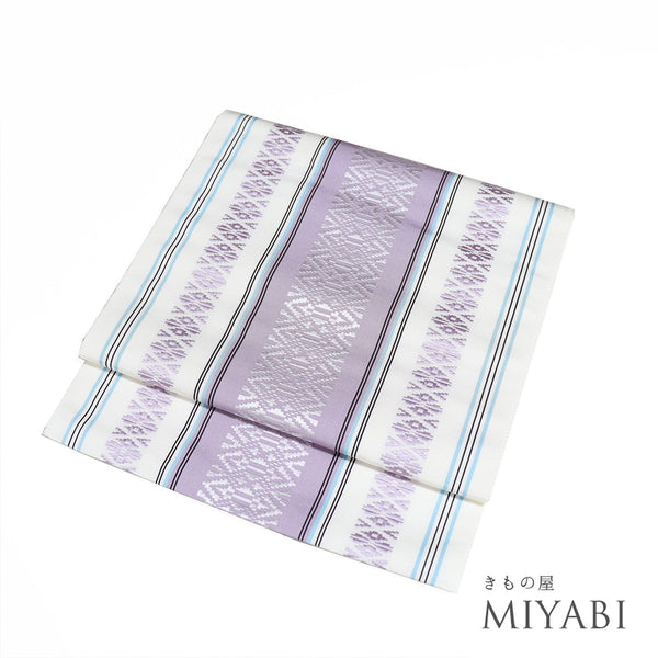 名古屋帯 リサイクル 帯丈365cm 全通 献上柄 ホワイト Mサイズ 正絹 Sランク カジュアル お洒落